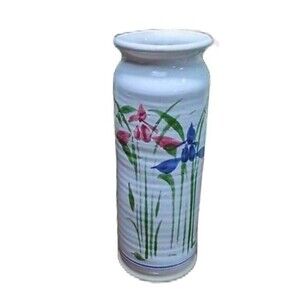 Studio Pottery Vase‎ Iris Flowers Blue Pink